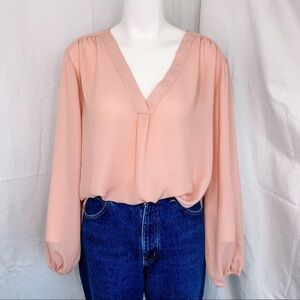 Chaus New York Salmon V-Neck Semi-Sheer Blouse | Size L (🦩2 for $25 )